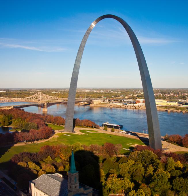 The iconic Gateway Arch in St. Louis captured during a stunning sunset